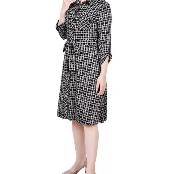 NY COLLECTION Brown Geo PXL Buttons Belt Collar Pockets Tab Sleeve Shirt Dress - Picture 3 of 12